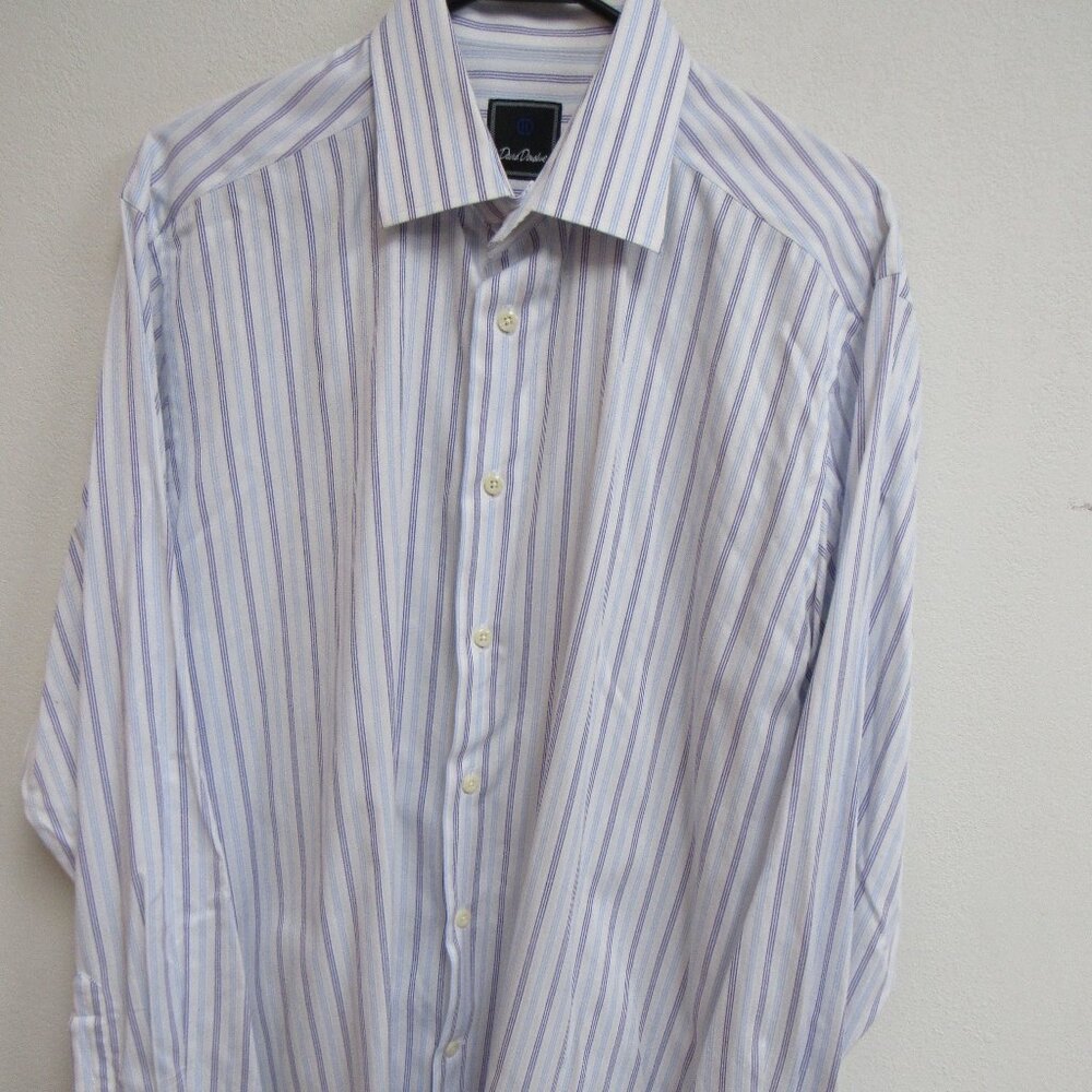 David Donahue Men's Button-Up Shirt 16.5‎ 34/35 Blue White Striped Cotton